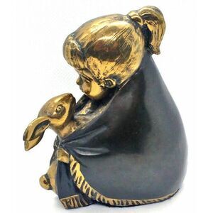 Lovely Vintage Original Suzanne Sablé Girl And Her Rabbit Bronze Sculpture